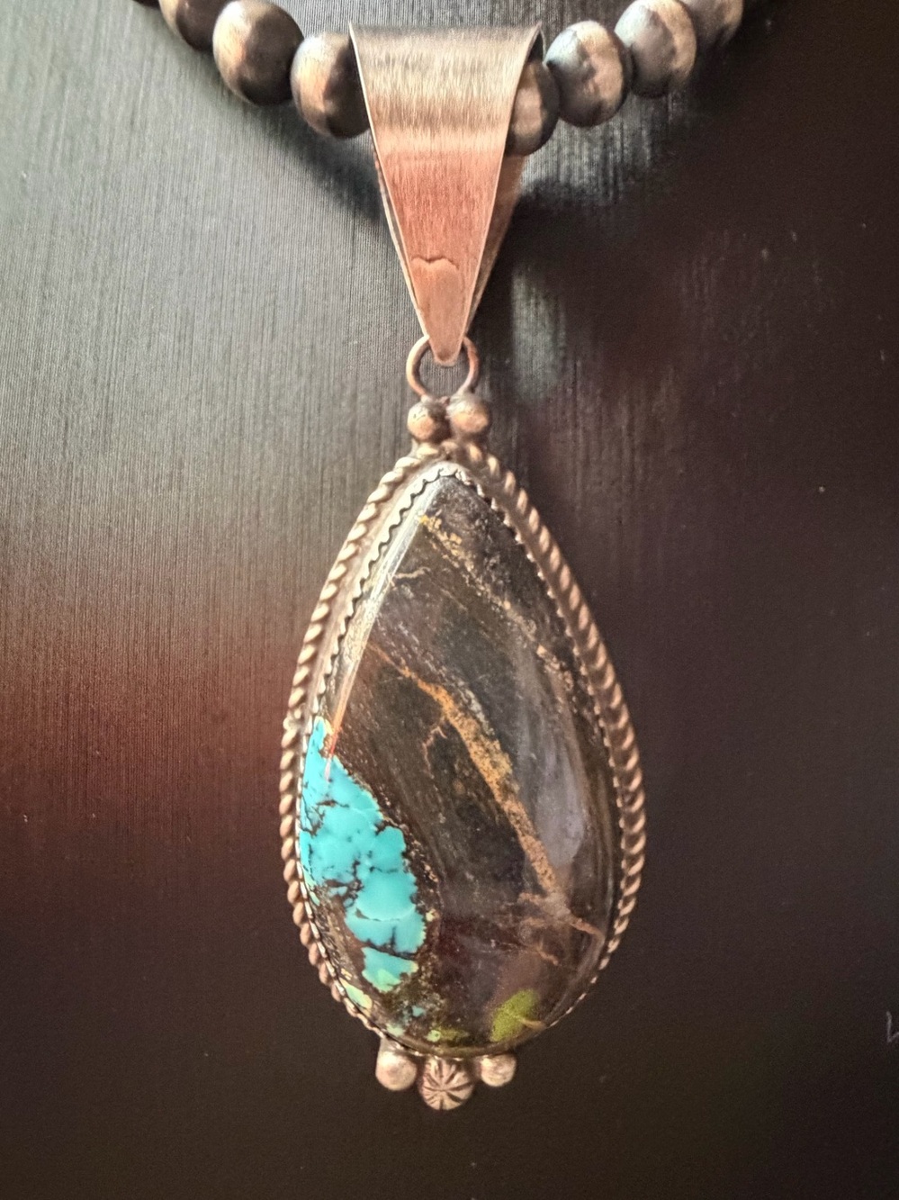 Donavan Nez Navajo Blackjack Turquoise Teardrop Pendant - Sterling Silver